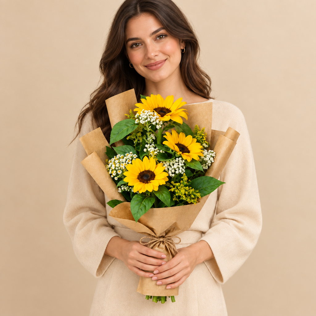 Woman holding the sunflower bouquet