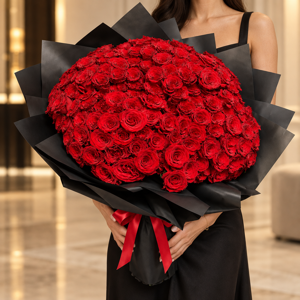 Woman supporting the monumental 500 red roses bouquet