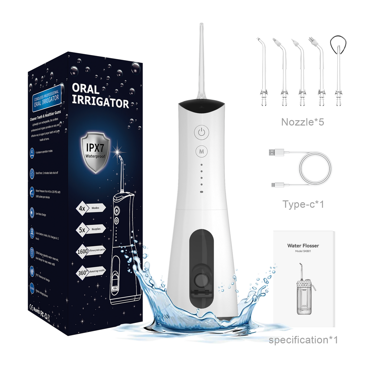 Cordless Water Flosser with 5 Jet Tips, 300 ml