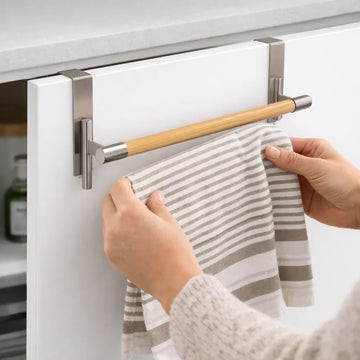 Over Cabinet Door Towel Holder - Wood & Metal Kitchen Organizer - Yalla Mart